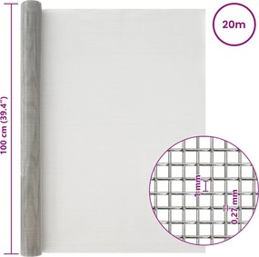 vidaXL Πλέγμα Οθόνης 20 mesh 100 x 2000 cm Ανοξείδωτο Ατσάλι 201 Ασημί
