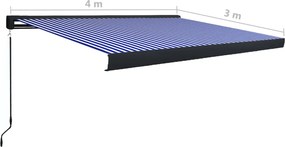 vidaXL Χειροκίνητη Τέντα 4 x 3 m Μπλε και Λευκή Ράβδος