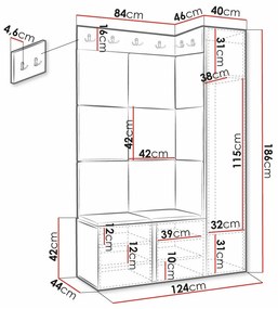 Σετ διαδρόμου Hartford 377, 186x124x46cm, Τυρκουάζ, Άσπρο, Πλαστικοποιημένη μοριοσανίδα, Ταπισερί, Ινοσανίδες μέσης πυκνότητας, Τοίχου, Εντοιχισμένη