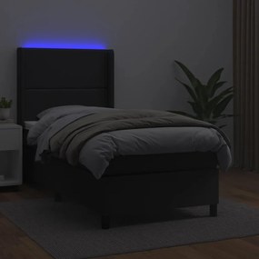 vidaXL Κρεβάτι Boxspring με Στρώμα &amp; LED Μαύρο 90x200 εκ. Συνθ. Δέρμα