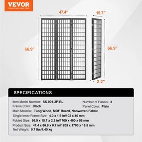 VEVOR Room Divider Japanese Wall Divider 3 Panel Screen for Room Separation