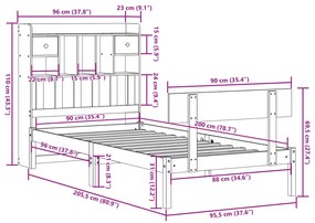 Κρεβάτι Βιβλιοθήκη Χωρίς Στρώμα 90x200 εκ Μασίφ Ξύλο Πεύκου - Καφέ