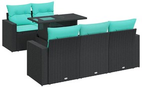 vidaXL Καναπές Κήπου 6 Τεμαχίων Μαύρο Συνθετικό Ρατάν Μαξιλάρια Ακακία