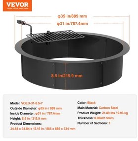 VEVOR Fire Pit Ring w/ BBQ Fire Ring 35 Inch Outer Steel DIY Campfire Firepit