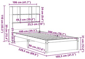 Κρεβάτι Βιβλιοθήκη Χωρίς Στρώμα 100x200 εκ. Μασίφ Ξύλο Πεύκο - Λευκό