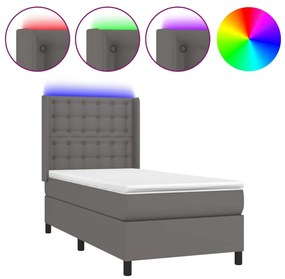 vidaXL Κρεβάτι Boxspring με Στρώμα & LED Γκρι 90x190 εκ. Συνθ. Δέρμα