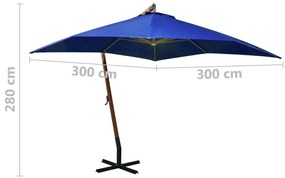 Ομπρέλα Κρεμαστή με Ιστό Αζούρ Μπλε 3 x 3 μ. Μασίφ Ξύλο Ελάτης - Μπλε