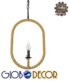 GloboStar LINDELL 10001142 Vintage Κρεμαστό Φωτιστικό Οροφής Μονόφωτο 1 x E27 Μαύρο Μεταλλικό με Μπεζ Σχοινί Μ35 x Π10 x Υ53cm