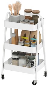 HOMCOM Ράφι σερβιρίσματος 3 επιπέδων, τροχήλατο κουζίνας με λαβή και φρένα, λευκό