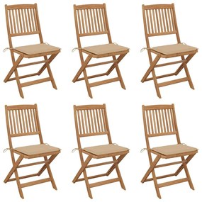 Καρέκλες Κήπου Πτυσσόμενες 6 τεμ Μασίφ Ξύλο Ακακίας &amp; Μαξιλάρια - Μπεζ