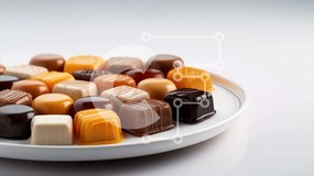 Σετ των 2 Intra Συλλεκτικό Ξύλινο Παζλ Plywood 4mm - Ανάμικτες καραμέλες σε ένα λευκό πιάτο Σε Ξύλινο Κουτί - Διαστάσεις: 10x10 cm – 25 κομμάτια