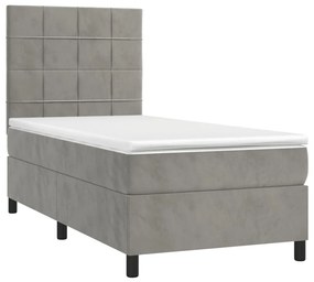 Κρεβάτι Boxspring με Στρώμα Ανοιχτό Γκρι 90x190 εκ. Βελούδινο - Γκρι