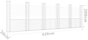 Συρματοκιβώτιο σε U Σχήμα με 6 Στύλους 620x20x200 εκ. Σιδερένιο - Ασήμι