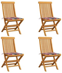 Καρέκλες Κήπου 4 τεμ. Μασίφ Ξύλο Teak με Κόκκινα Καρό Μαξιλάρια