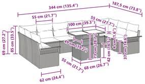 vidaXL Σετ 11 Τεμαχίων Καναπέ Κήπου με Μαξιλάρια Ανοιχτό Γκρι Πολυ Ρατάν