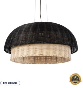 02216 GloboStar® CORSICA 02216 Boho Κρεμαστό Φωτιστικό Καμπάνα Μονόφωτο 1 x E27 IP20 Μαύρο & Μπεζ Ξύλο - Μ70 x Π70 x Υ35cm