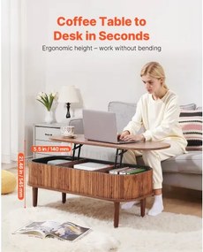 VEVOR 1000 mm Lift Top Coffee Table Fluted Oval Table Hidden Compartment Walnut