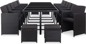 vidaXL Σετ Τραπεζαρίας Εξ. Χώρου 17 τεμ Μαύρο Συνθ. Ρατάν με Μαξιλάρια