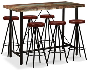vidaXL Σετ Επίπλων Μπαρ 7 τεμ. Μασίφ Ανακυκλωμένο Ξύλο / Γνήσιο Δέρμα