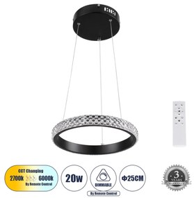 DIAMOND 61126 Κρεμαστό Φωτιστικό Δαχτυλίδι-Κύκλος LED CCT 20W 2356lm 360° AC 220-240V - Εναλλαγή Φωτισμού μέσω Τηλεχειριστηρίου All In One