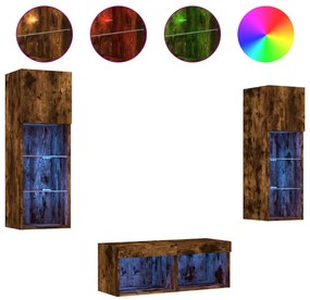 vidaXL Ντουλάπια Τηλεόρασης Τοίχου 4 Τεμ. με Φώτα LED Καπνιστή Δρυς