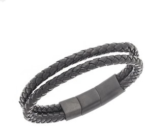 Βραχιόλι Senza Men&#039;s Steel Black Leather Strap