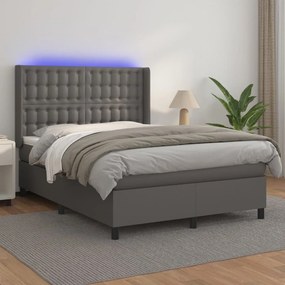 vidaXL Κρεβάτι Boxspring με Στρώμα &amp; LED Γκρι 140x200 εκ. Συνθ. Δέρμα