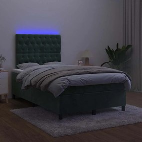 vidaXL Κρεβάτι Boxspring με Στρώμα & LED Σκ. Πράσινο 120x190εκ Βελούδο