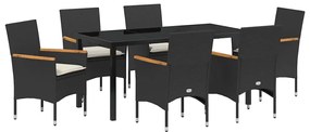 vidaXL Σέτ φαγητού για κήπο με μαξιλάρι 7 pcs Μαύρο Πολυ ράταν