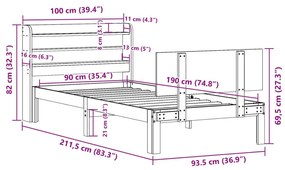 Πλαίσιο Κρεβατιού με Κεφαλάρι 90 x 190εκ. από Μασίφ Ξύλο Πεύκου - Καφέ