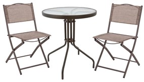 OUTDOOR DINING SET 3PCS LIMA  METAL ROUND TABLE &amp; 2 FOLDABLE CHAIRS-BROWN