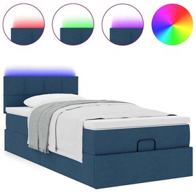 vidaXL Οθωμανικό κρεβάτι με στρώμα &amp; LEDs Μπλε 90x190cm ύφασμα