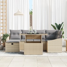 vidaXL Σετ καναπέ κήπου 7 τεμαχίων με μαξιλάρες μπεζ πολυ ρατάν