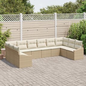 vidaXL Set 10 Τεμαχίων Καναπέ Κήπου με Μαξιλάρια Μπεζ Πολυ Ρατάν