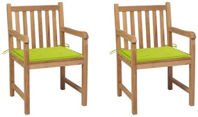 vidaXL Καρέκλες Κήπου 2 τεμ. Μασίφ Ξύλο Teak με Φωτ. Πράσινα Μαξιλάρια