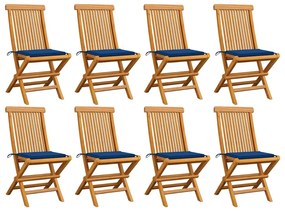 vidaXL Καρέκλες Κήπου 8 τεμ από Μασίφ Ξύλο Teak με Μπλε Ρουά Μαξιλάρια