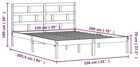 Πλαίσιο Κρεβατιού Γκρι 150 x 200 εκ. Μασίφ Ξύλο King Size - Γκρι