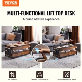 VEVOR Lift Top Coffee Table 39.4" Rectangle Coffee Table with Light &amp; USB Brown