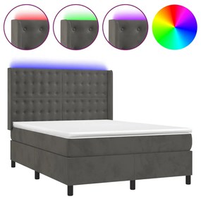 vidaXL Κρεβάτι Boxspring με Στρώμα & LED Σκ. Γκρι 140x190εκ. Βελούδινο