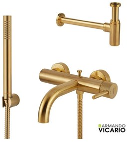Armando Vicario Industrial Gold Brushed Σιφών+Μπαταρία Λουτρού με τηλέφωνο+σπιράλ