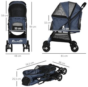 PawHut Καρότσι σκύλου, έως 10 kg, αναδιπλούμενο, καλάθι κάτω, μαξιλάρι, πλαϊνή τσέπη, 81 cm x 48 cm x 99 cm, Γκρι