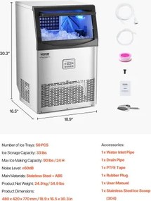 VEVOR Commercial Ice Maker Freestanding Cabinet Machine 90lbs/24H 50 Ice Cubes