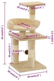 vidaXL Γατόδεντρο Μπεζ 65 εκ. με Στύλους Ξυσίματος από Σχοινί Σιζάλ