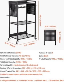 VEVOR 4-tier Tool Organizer Cart on Wheels 150 lbs Garage Cart for Workshop