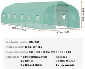 VEVOR Walk-in Tunnel Greenhouse 29.53x9.84x6.6ft Galvanized Frame PE Cover Green