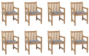 Καρέκλες Κήπου 8 τεμ από Μασίφ Ξύλο Teak με Γκρι Καρό Μαξιλάρια - Καφέ