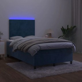 Κρεβάτι Boxspring με Στρώμα &amp; LED Σκ. Μπλε 120x190εκ. Βελούδινο - Μπλε