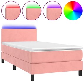 vidaXL Κρεβάτι Boxspring με Στρώμα &amp; LED Ροζ 90x200 εκ. Βελούδινο