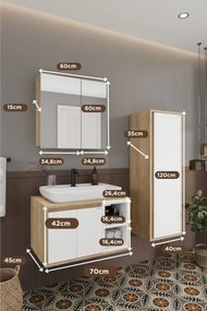 Stewehome Μπάνιο ντουλάπι με νιπτήρα από mdf με καθρέφτη και ψηλό ντουλάπι Λευκό 70x70x70 cm