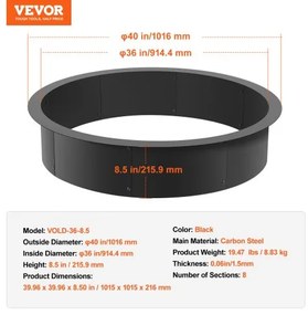 VEVOR Fire Pit Ring Round 40” Outer 36” Inner Steel Liner DIY Campfire Firepit
